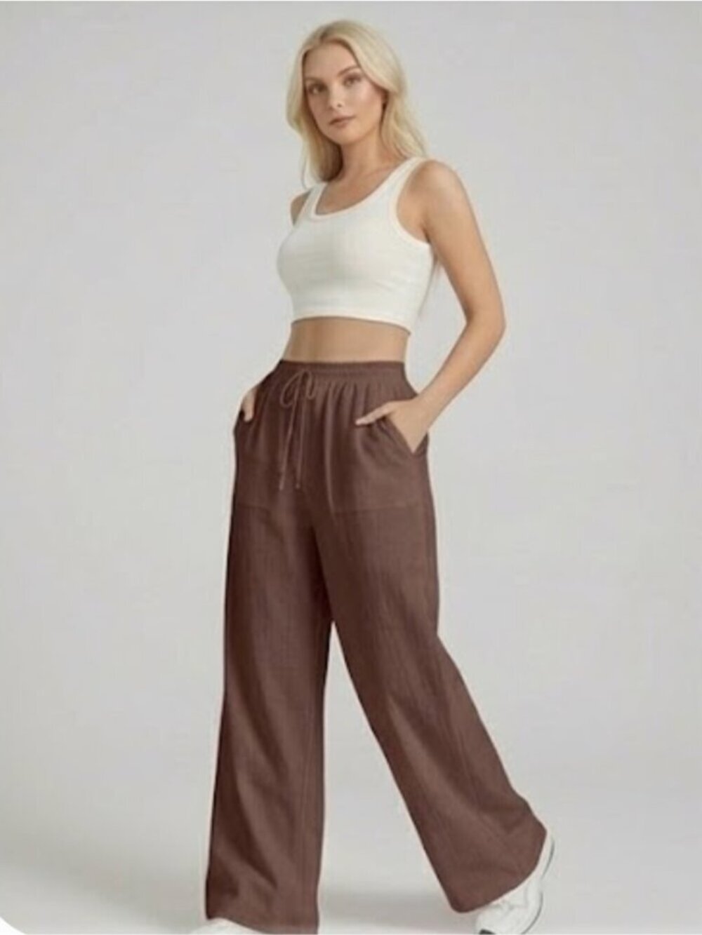 100% Cotton Drawstring Waist Wide Leg Pants Brown